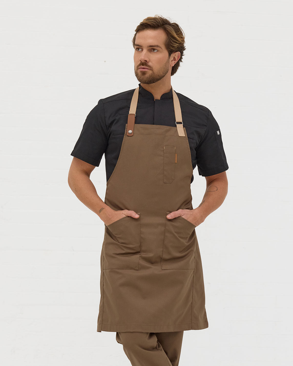 Tablier à Retro-Neck Vert Brunâtre avec Lanières Beige