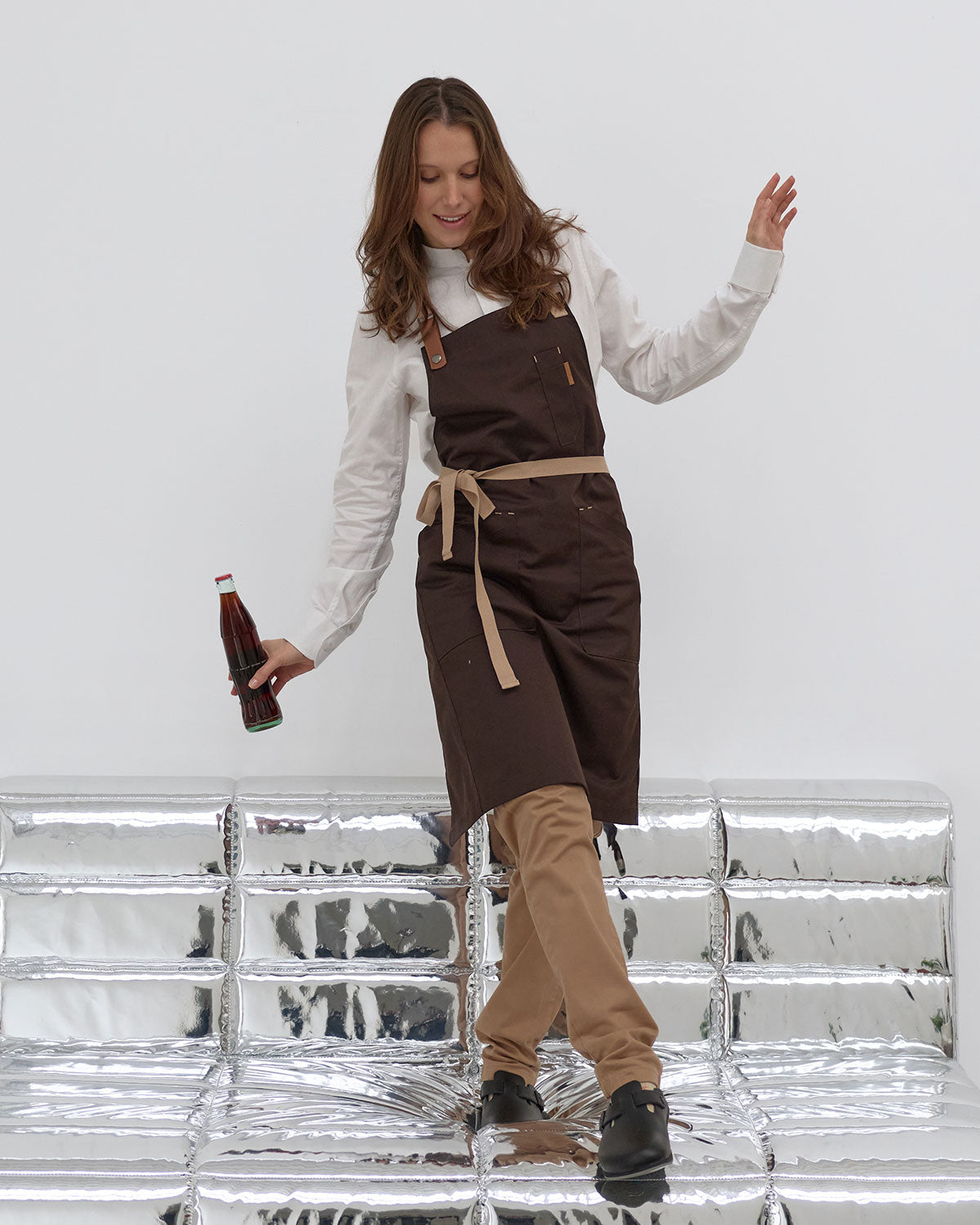 Brown Retro-Neck Apron with Beige Straps