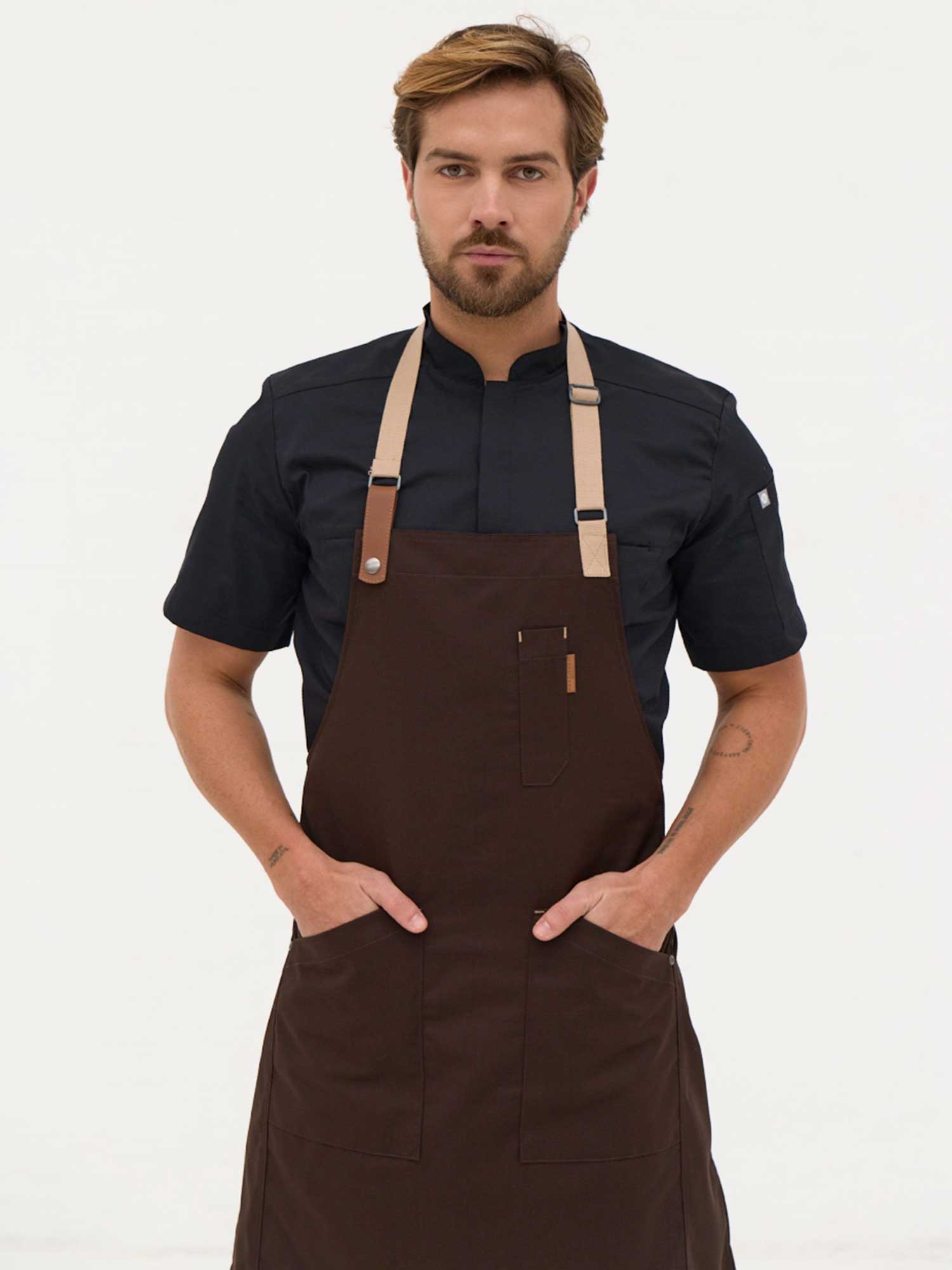 Brown Retro-Neck Apron with Beige Straps