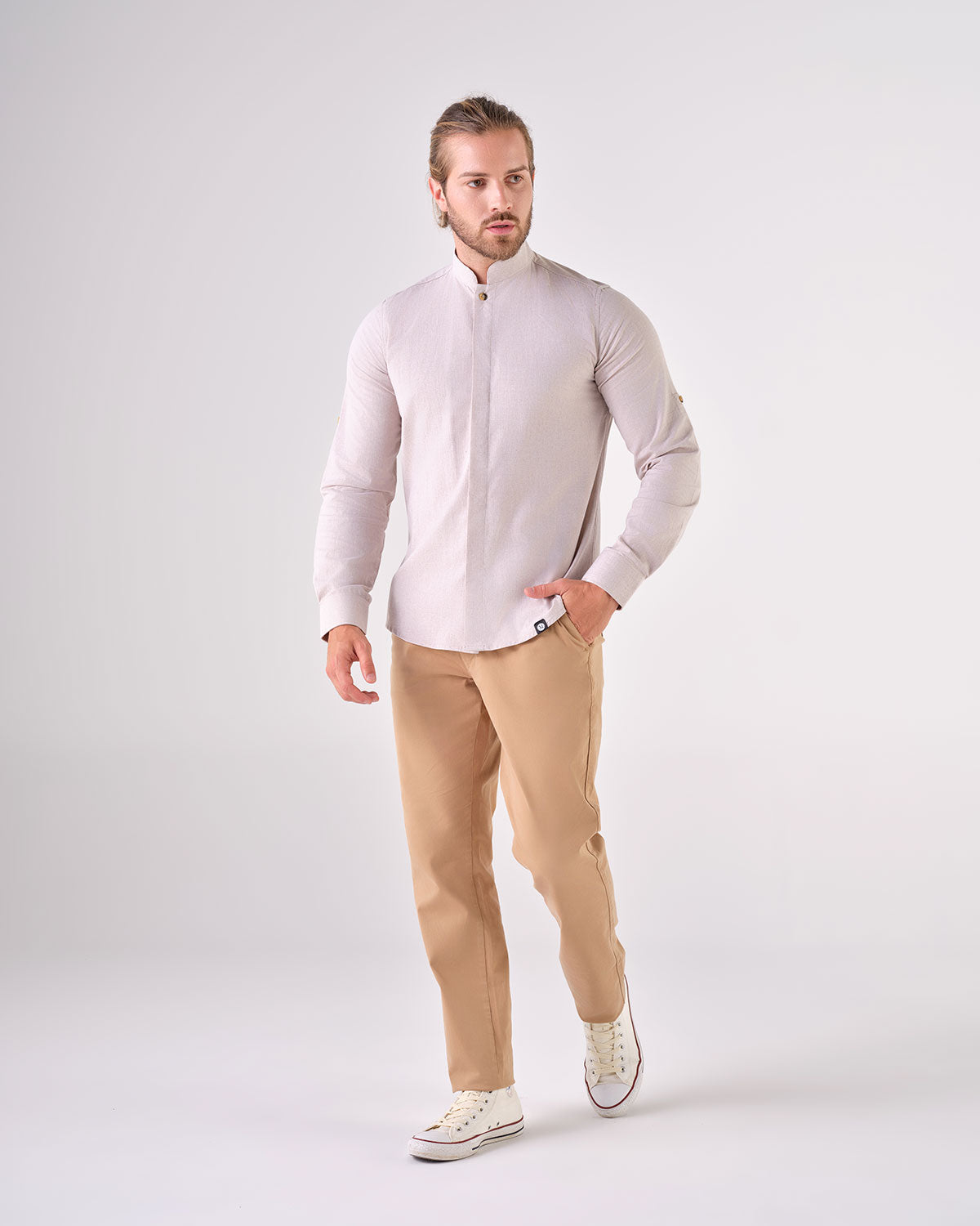 Unisex Mandarin Shirt Grace in Beige Linen